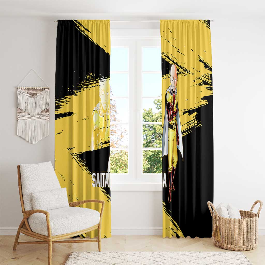 Saitama One Punch Man Anime Yellow and Black Theme Window Curtain with Heroic Pose and Dynamic Brushstroke Background - The Mazicc