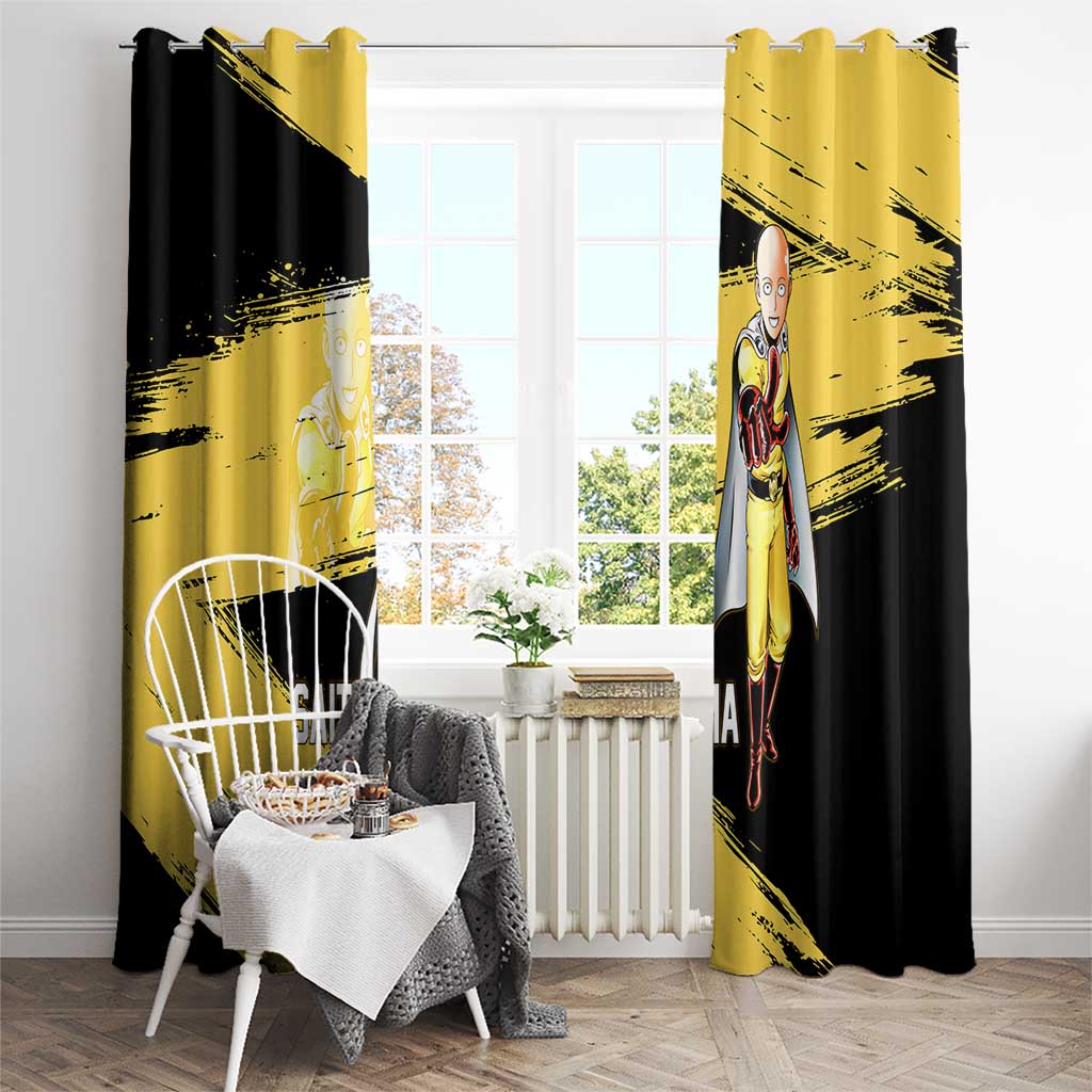 Saitama One Punch Man Anime Yellow and Black Theme Window Curtain with Heroic Pose and Dynamic Brushstroke Background - The Mazicc
