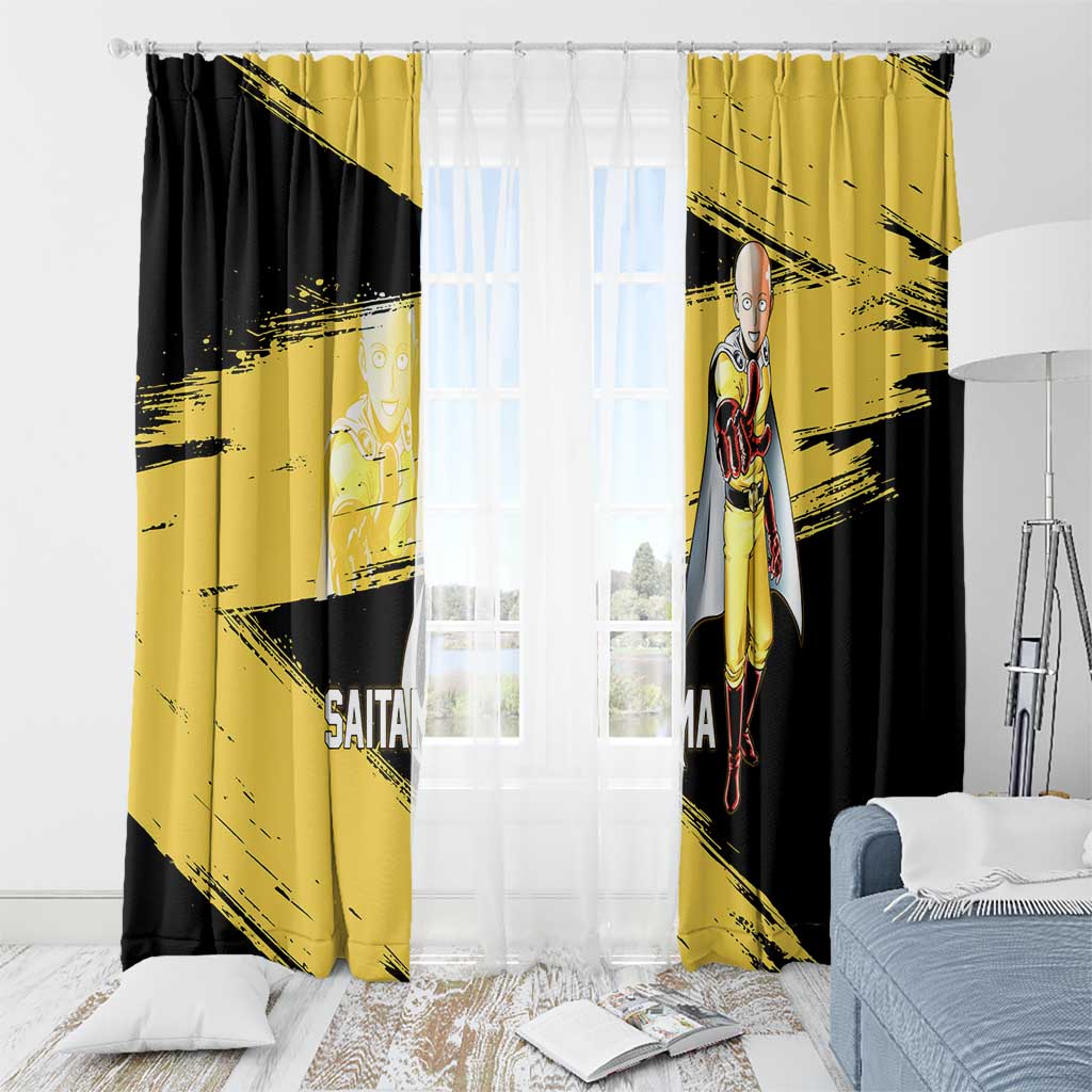 Saitama One Punch Man Anime Yellow and Black Theme Window Curtain with Heroic Pose and Dynamic Brushstroke Background - The Mazicc