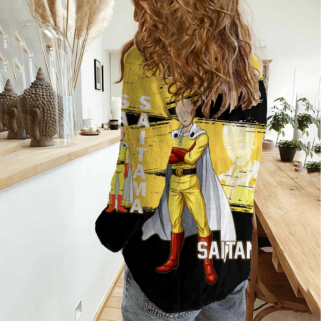 Saitama One Punch Man Anime Yellow and Black Theme Women Casual Shirt with Heroic Pose and Dynamic Brushstroke Background - The Mazicc