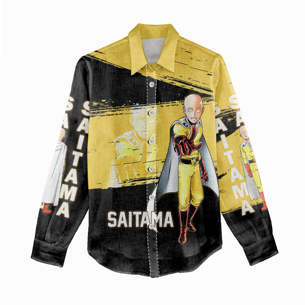 Saitama One Punch Man Anime Yellow and Black Theme Women Casual Shirt with Heroic Pose and Dynamic Brushstroke Background - The Mazicc