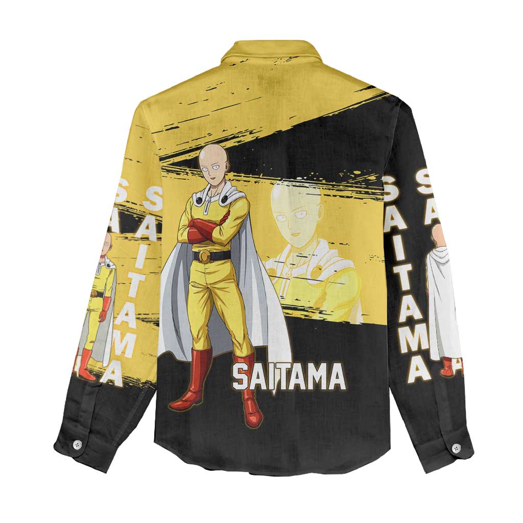 Saitama One Punch Man Anime Yellow and Black Theme Women Casual Shirt with Heroic Pose and Dynamic Brushstroke Background - The Mazicc
