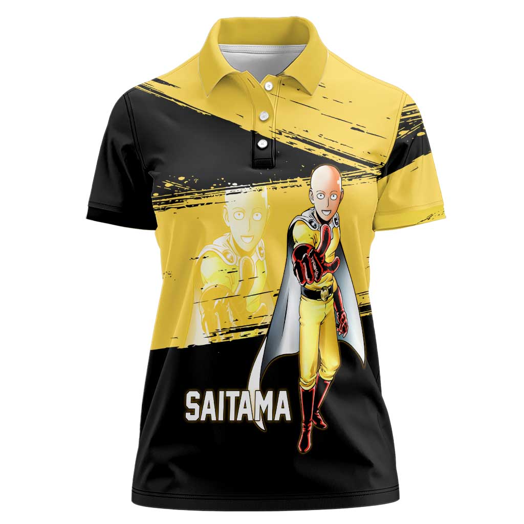 Saitama One Punch Man Anime Yellow and Black Theme Women Polo Shirt with Heroic Pose and Dynamic Brushstroke Background - The Mazicc
