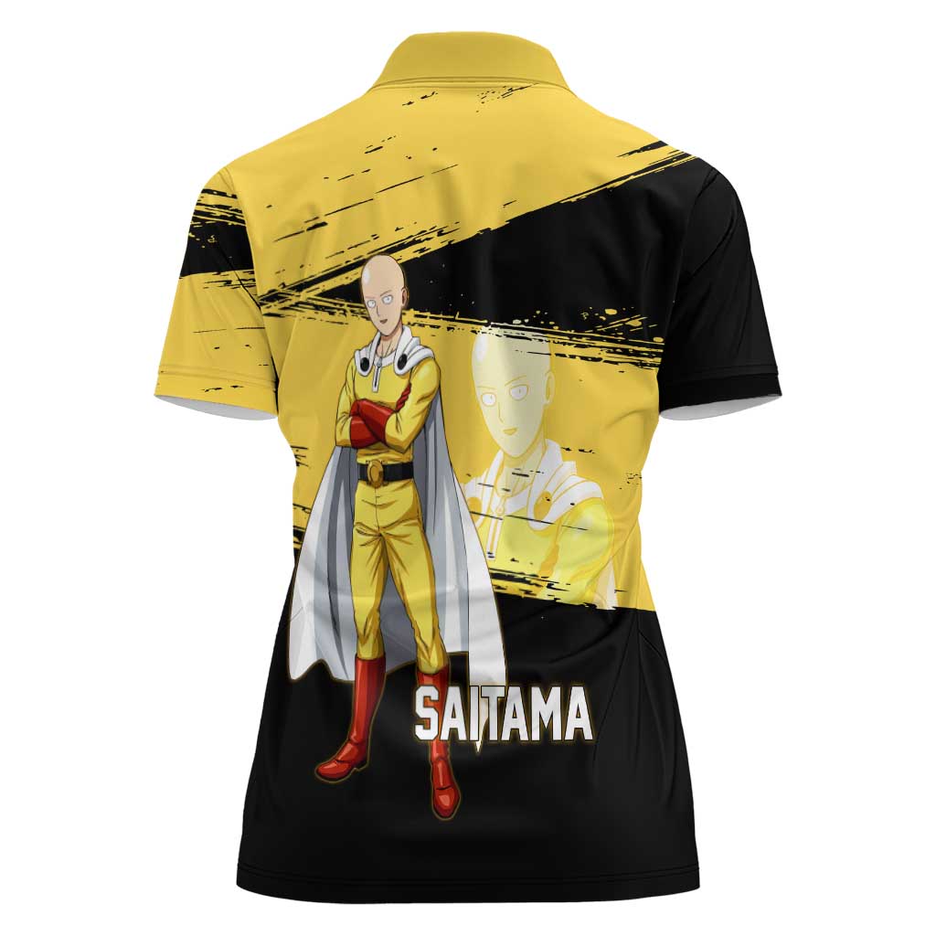 Saitama One Punch Man Anime Yellow and Black Theme Women Polo Shirt with Heroic Pose and Dynamic Brushstroke Background - The Mazicc