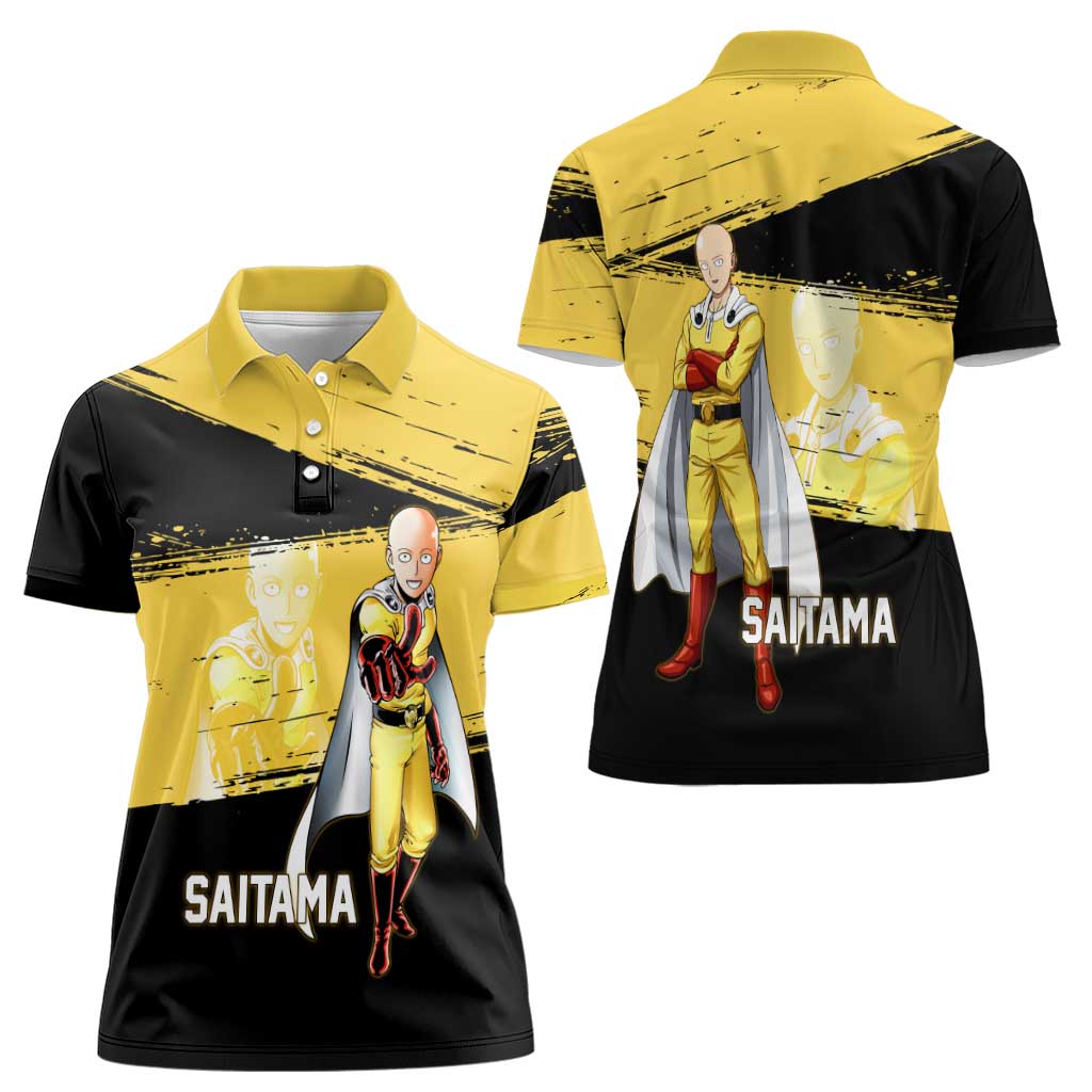 Saitama One Punch Man Anime Yellow and Black Theme Women Polo Shirt with Heroic Pose and Dynamic Brushstroke Background - The Mazicc