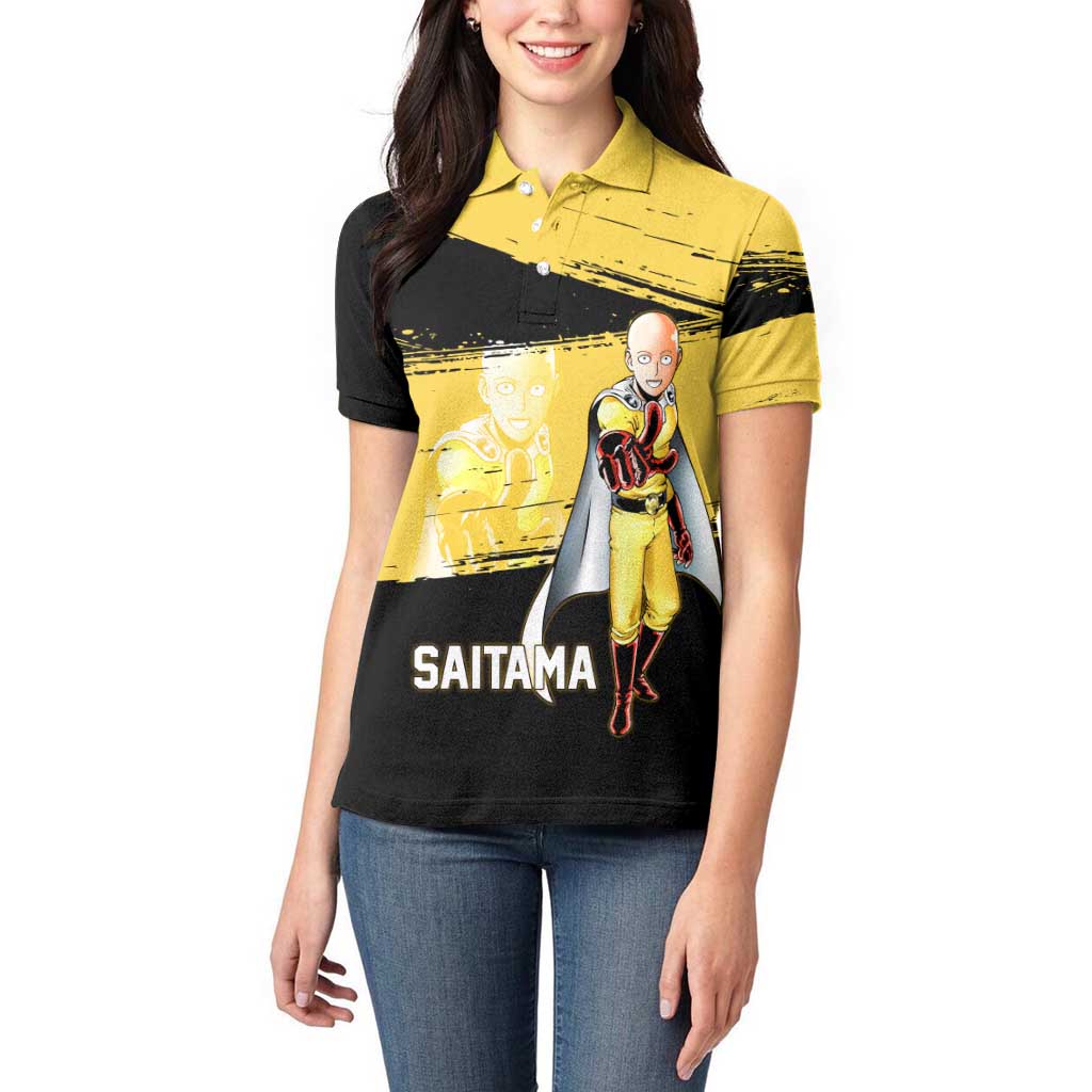 Saitama One Punch Man Anime Yellow and Black Theme Women Polo Shirt with Heroic Pose and Dynamic Brushstroke Background - The Mazicc