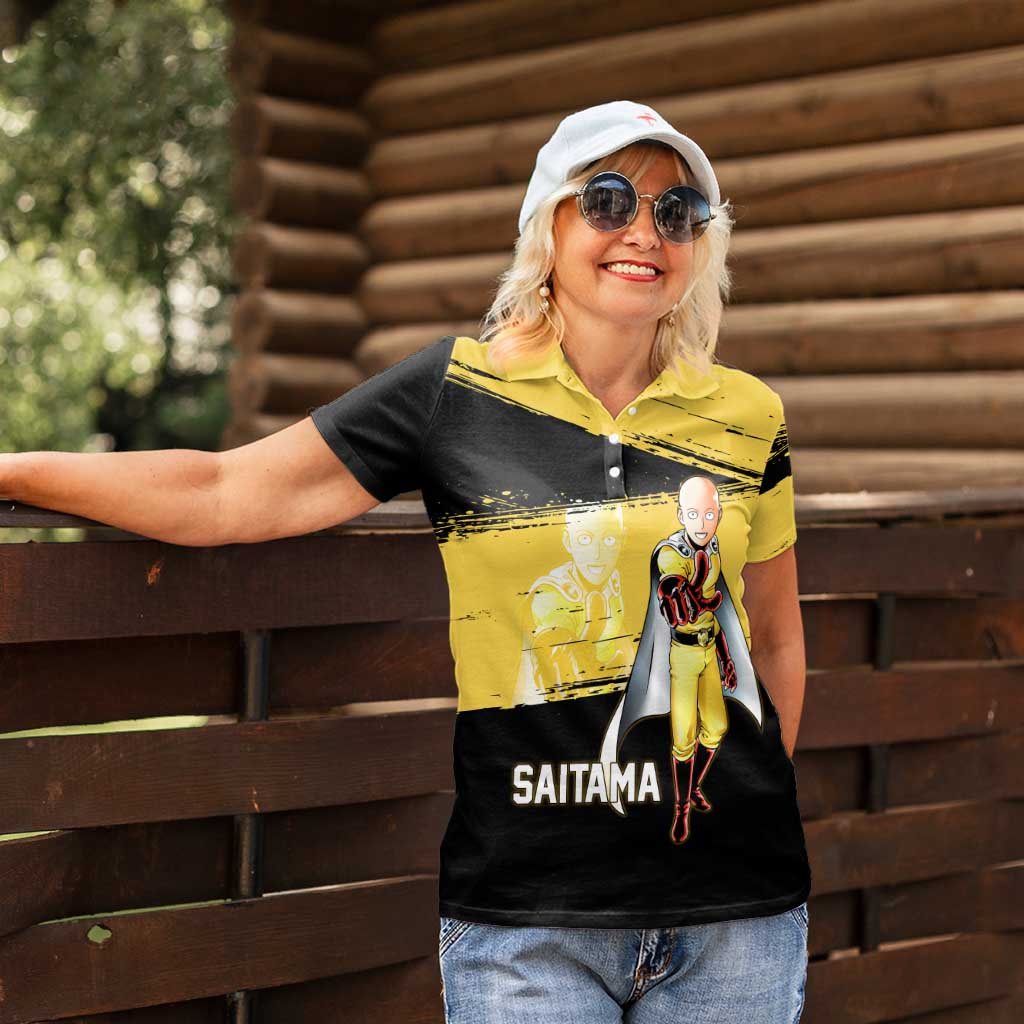 Saitama One Punch Man Anime Yellow and Black Theme Women Polo Shirt with Heroic Pose and Dynamic Brushstroke Background - The Mazicc
