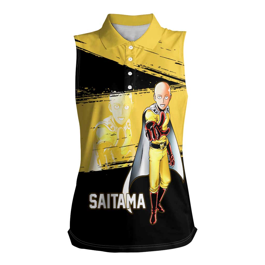 Saitama One Punch Man Anime Yellow and Black Theme Women Sleeveless Polo Shirt with Heroic Pose and Dynamic Brushstroke Background - The Mazicc