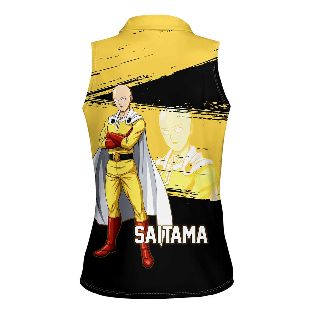 Saitama One Punch Man Anime Yellow and Black Theme Women Sleeveless Polo Shirt with Heroic Pose and Dynamic Brushstroke Background - The Mazicc