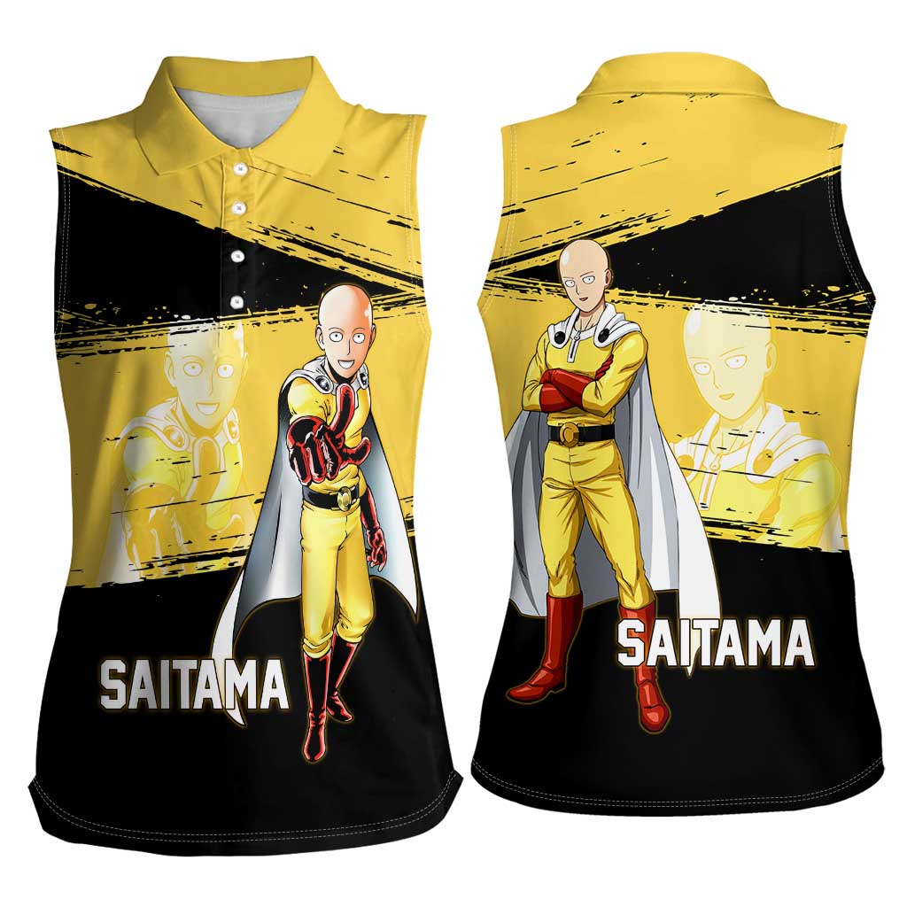 Saitama One Punch Man Anime Yellow and Black Theme Women Sleeveless Polo Shirt with Heroic Pose and Dynamic Brushstroke Background - The Mazicc