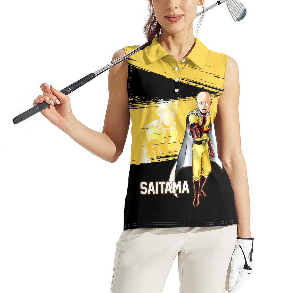 Saitama One Punch Man Anime Yellow and Black Theme Women Sleeveless Polo Shirt with Heroic Pose and Dynamic Brushstroke Background - The Mazicc