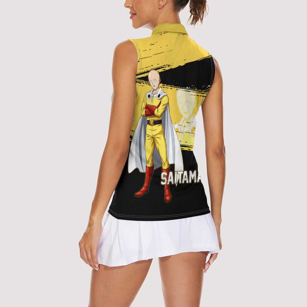 Saitama One Punch Man Anime Yellow and Black Theme Women Sleeveless Polo Shirt with Heroic Pose and Dynamic Brushstroke Background - The Mazicc