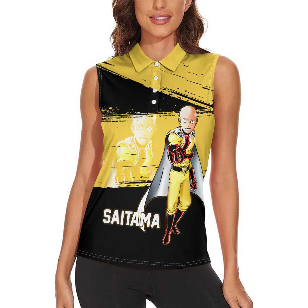 Saitama One Punch Man Anime Yellow and Black Theme Women Sleeveless Polo Shirt with Heroic Pose and Dynamic Brushstroke Background - The Mazicc