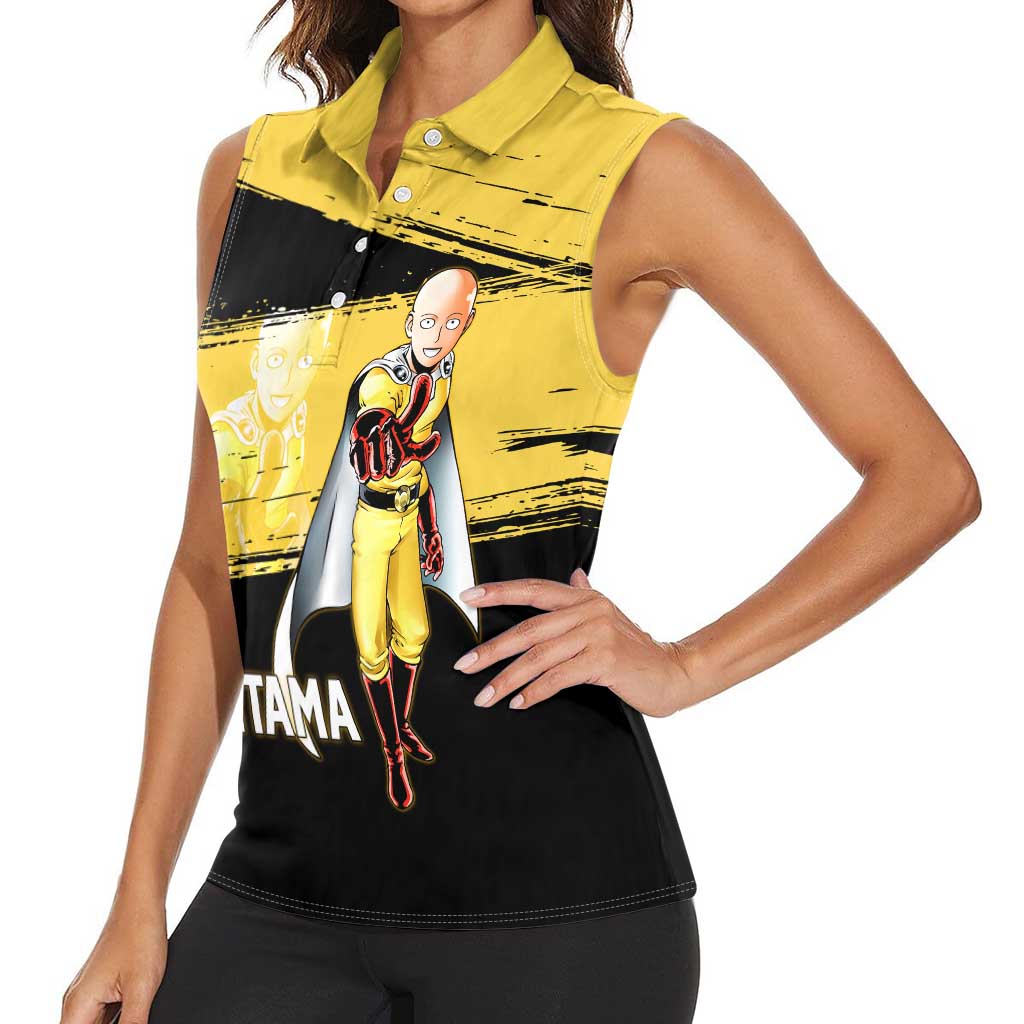 Saitama One Punch Man Anime Yellow and Black Theme Women Sleeveless Polo Shirt with Heroic Pose and Dynamic Brushstroke Background - The Mazicc
