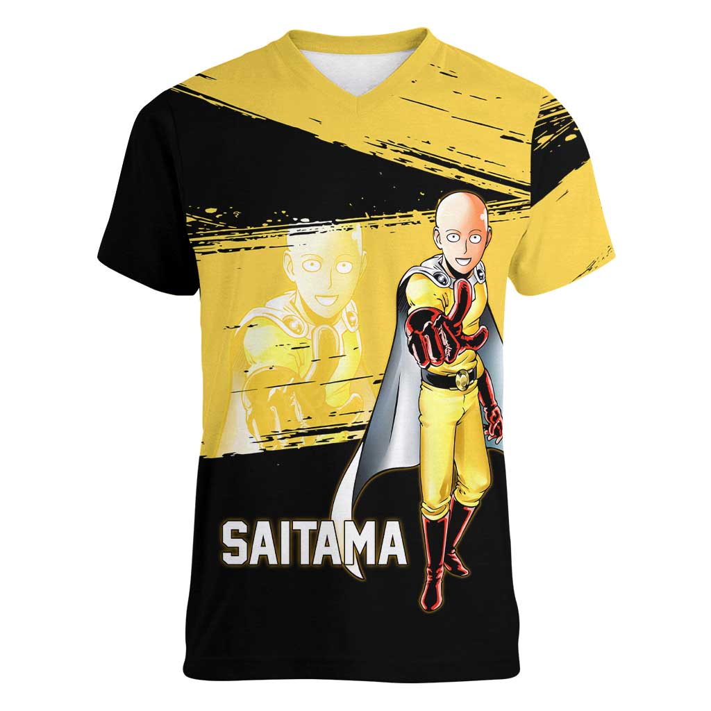 Saitama One Punch Man Anime Yellow and Black Theme Women V-Neck T-Shirt with Heroic Pose and Dynamic Brushstroke Background - The Mazicc