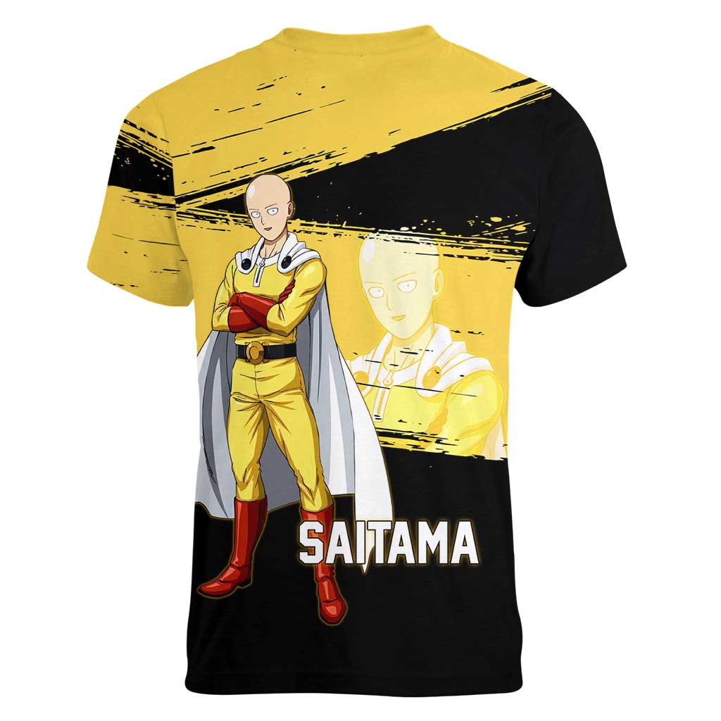 Saitama One Punch Man Anime Yellow and Black Theme Women V-Neck T-Shirt with Heroic Pose and Dynamic Brushstroke Background - The Mazicc