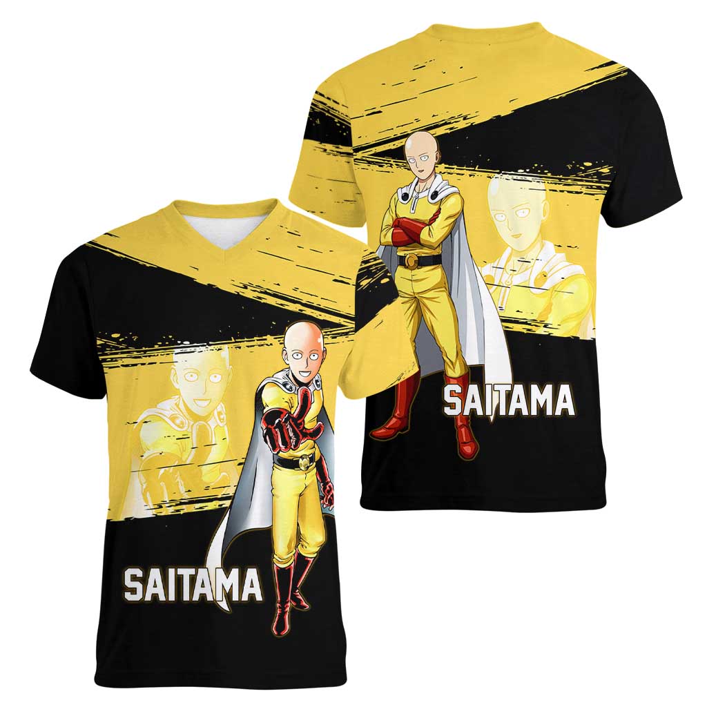 Saitama One Punch Man Anime Yellow and Black Theme Women V-Neck T-Shirt with Heroic Pose and Dynamic Brushstroke Background - The Mazicc