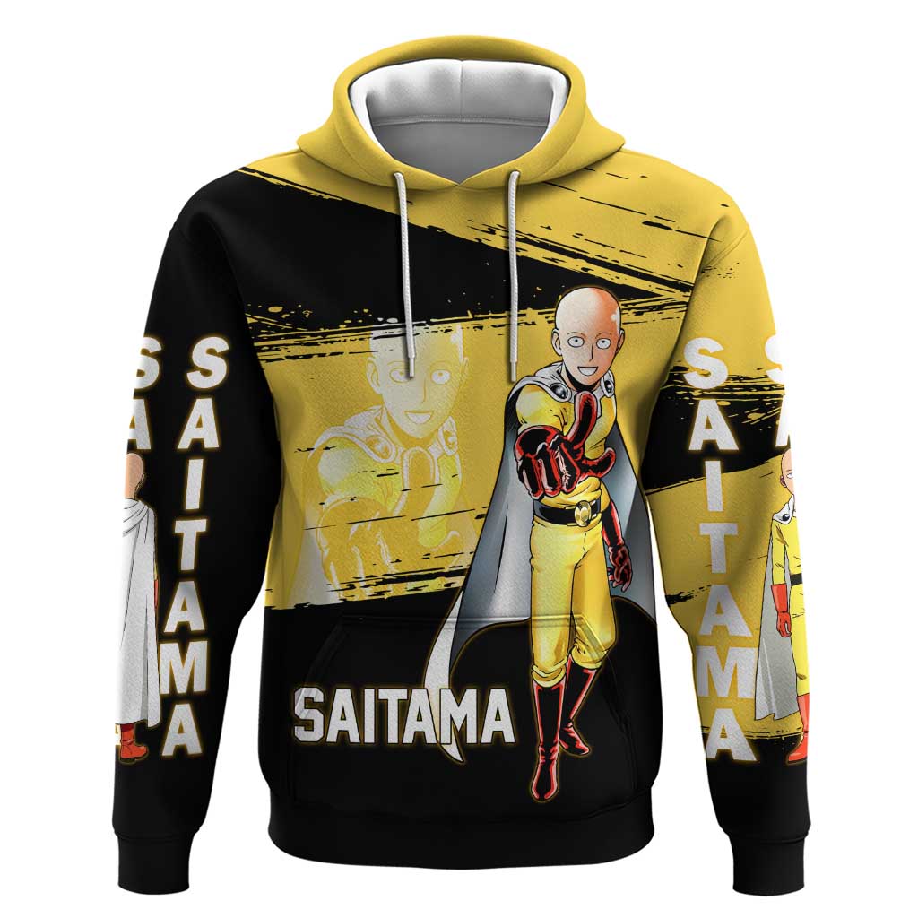 Saitama One Punch Man Anime Yellow and Black Theme Zip Hoodie with Heroic Pose and Dynamic Brushstroke Background - The Mazicc
