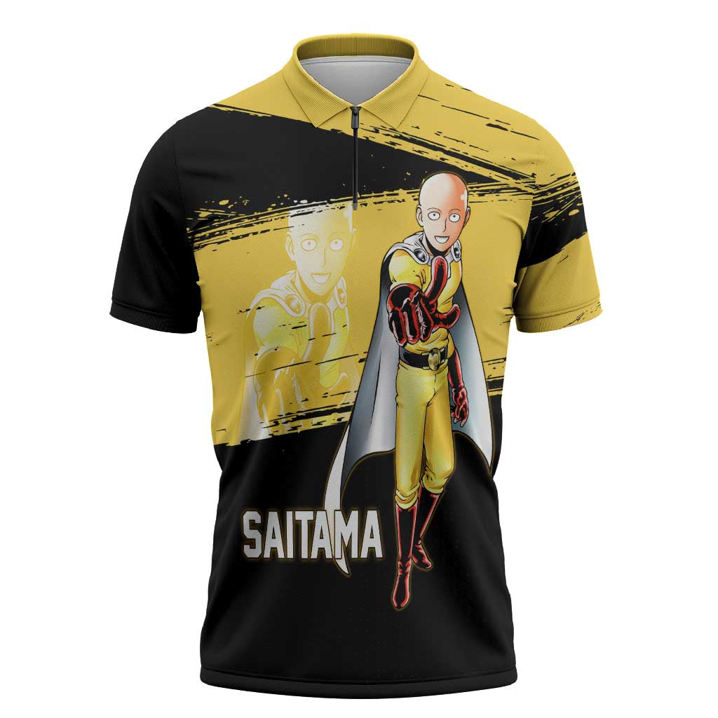 Saitama One Punch Man Anime Yellow and Black Theme Zipper Polo Shirt with Heroic Pose and Dynamic Brushstroke Background - The Mazicc