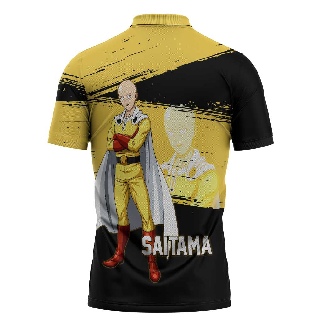 Saitama One Punch Man Anime Yellow and Black Theme Zipper Polo Shirt with Heroic Pose and Dynamic Brushstroke Background - The Mazicc