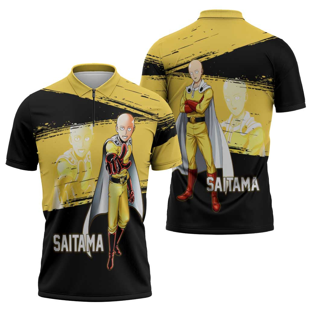Saitama One Punch Man Anime Yellow and Black Theme Zipper Polo Shirt with Heroic Pose and Dynamic Brushstroke Background - The Mazicc