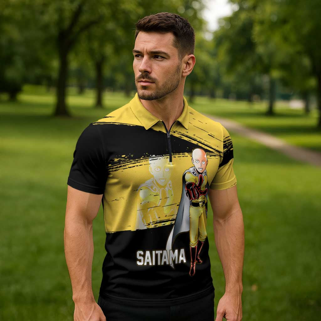 Saitama One Punch Man Anime Yellow and Black Theme Zipper Polo Shirt with Heroic Pose and Dynamic Brushstroke Background - The Mazicc