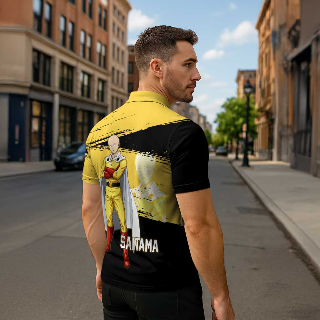 Saitama One Punch Man Anime Yellow and Black Theme Zipper Polo Shirt with Heroic Pose and Dynamic Brushstroke Background - The Mazicc
