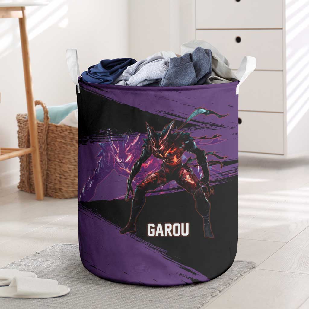 Garou One Punch Man Anime Purple and Black Theme Laundry Basket with Hero and Monster Forms in Dynamic Battle Pose - The Mazicc
