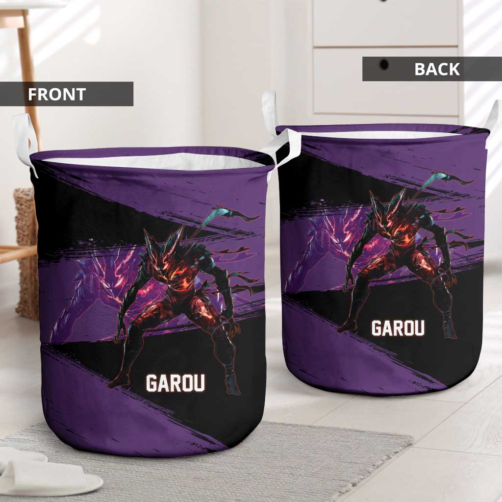 Garou One Punch Man Anime Purple and Black Theme Laundry Basket with Hero and Monster Forms in Dynamic Battle Pose - The Mazicc