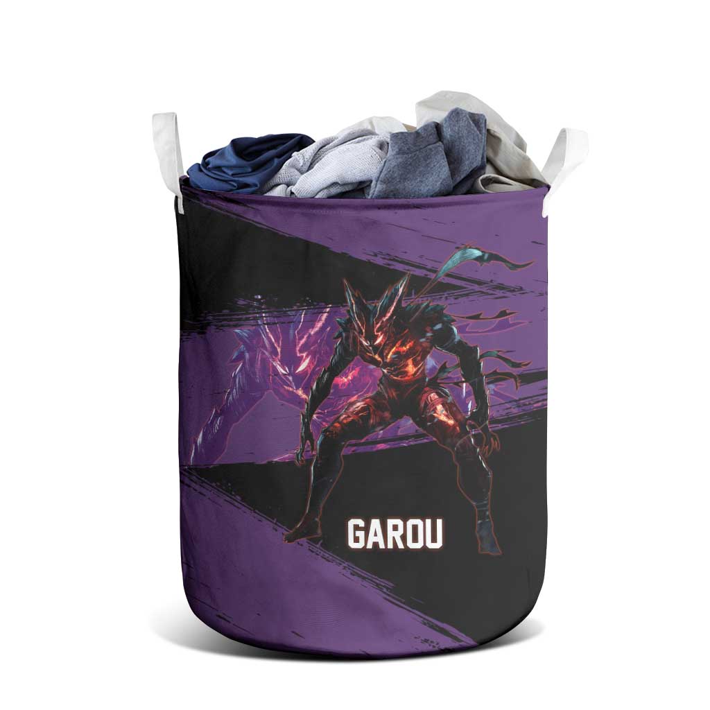 Garou One Punch Man Anime Purple and Black Theme Laundry Basket with Hero and Monster Forms in Dynamic Battle Pose - The Mazicc