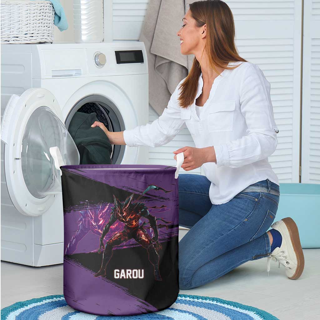Garou One Punch Man Anime Purple and Black Theme Laundry Basket with Hero and Monster Forms in Dynamic Battle Pose - The Mazicc