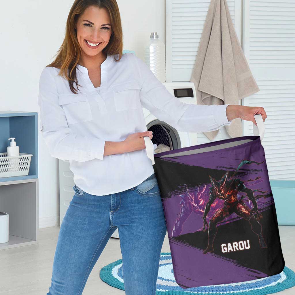 Garou One Punch Man Anime Purple and Black Theme Laundry Basket with Hero and Monster Forms in Dynamic Battle Pose - The Mazicc