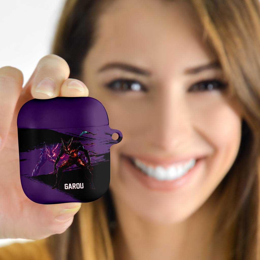 Garou One Punch Man Anime Purple and Black Theme AirPods Case with Hero and Monster Forms in Dynamic Battle Pose - The Mazicc