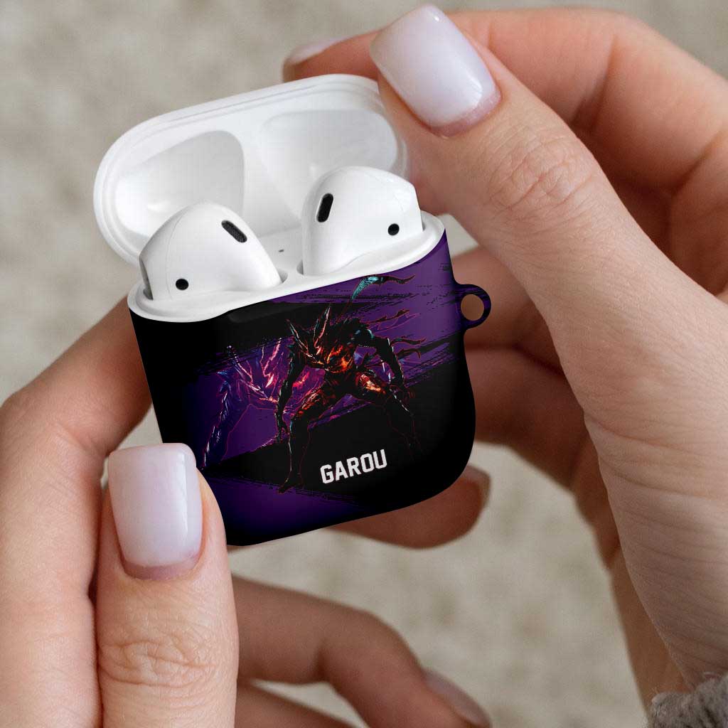 Garou One Punch Man Anime Purple and Black Theme AirPods Case with Hero and Monster Forms in Dynamic Battle Pose - The Mazicc