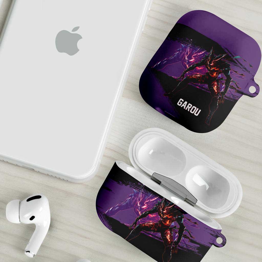 Garou One Punch Man Anime Purple and Black Theme AirPods Case with Hero and Monster Forms in Dynamic Battle Pose - The Mazicc
