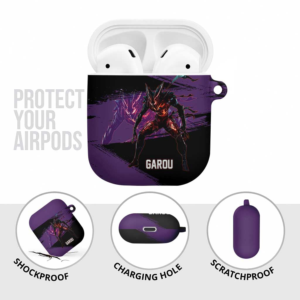 Garou One Punch Man Anime Purple and Black Theme AirPods Case with Hero and Monster Forms in Dynamic Battle Pose - The Mazicc