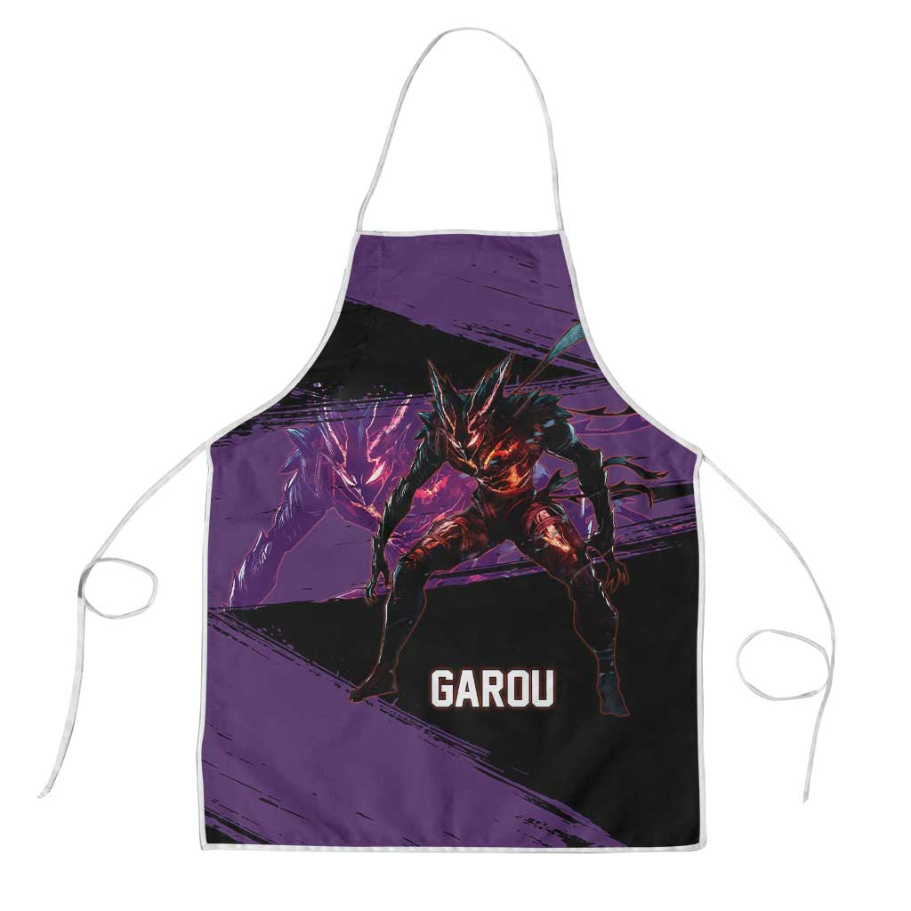 Garou One Punch Man Anime Purple and Black Theme Apron with Hero and Monster Forms in Dynamic Battle Pose - The Mazicc
