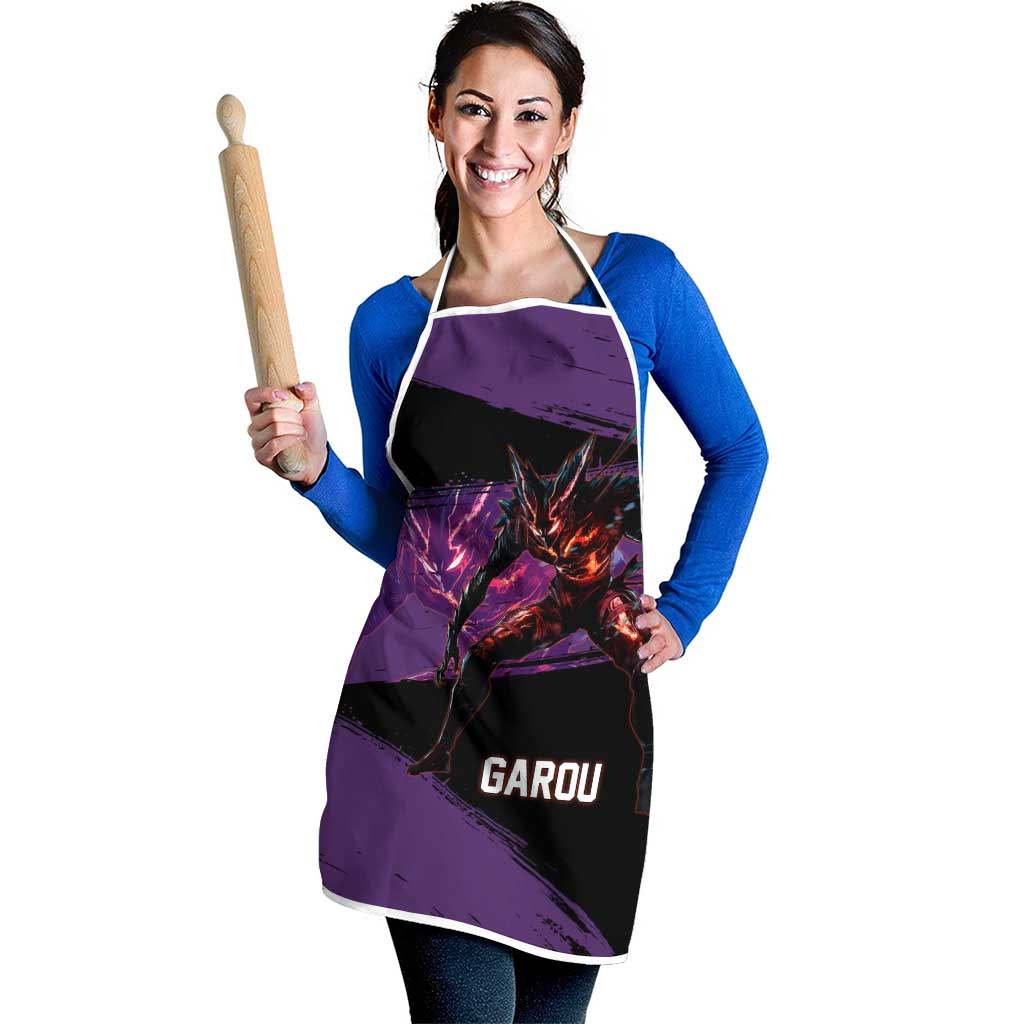 Garou One Punch Man Anime Purple and Black Theme Apron with Hero and Monster Forms in Dynamic Battle Pose - The Mazicc