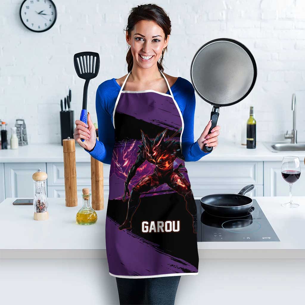 Garou One Punch Man Anime Purple and Black Theme Apron with Hero and Monster Forms in Dynamic Battle Pose - The Mazicc