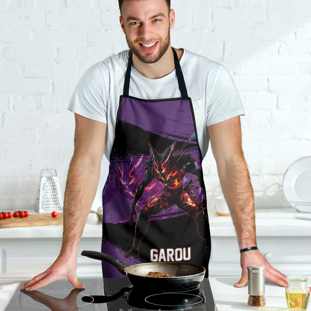 Garou One Punch Man Anime Purple and Black Theme Apron with Hero and Monster Forms in Dynamic Battle Pose - The Mazicc