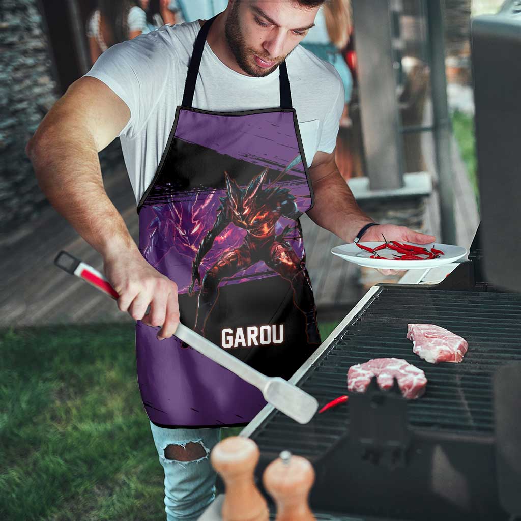 Garou One Punch Man Anime Purple and Black Theme Apron with Hero and Monster Forms in Dynamic Battle Pose - The Mazicc