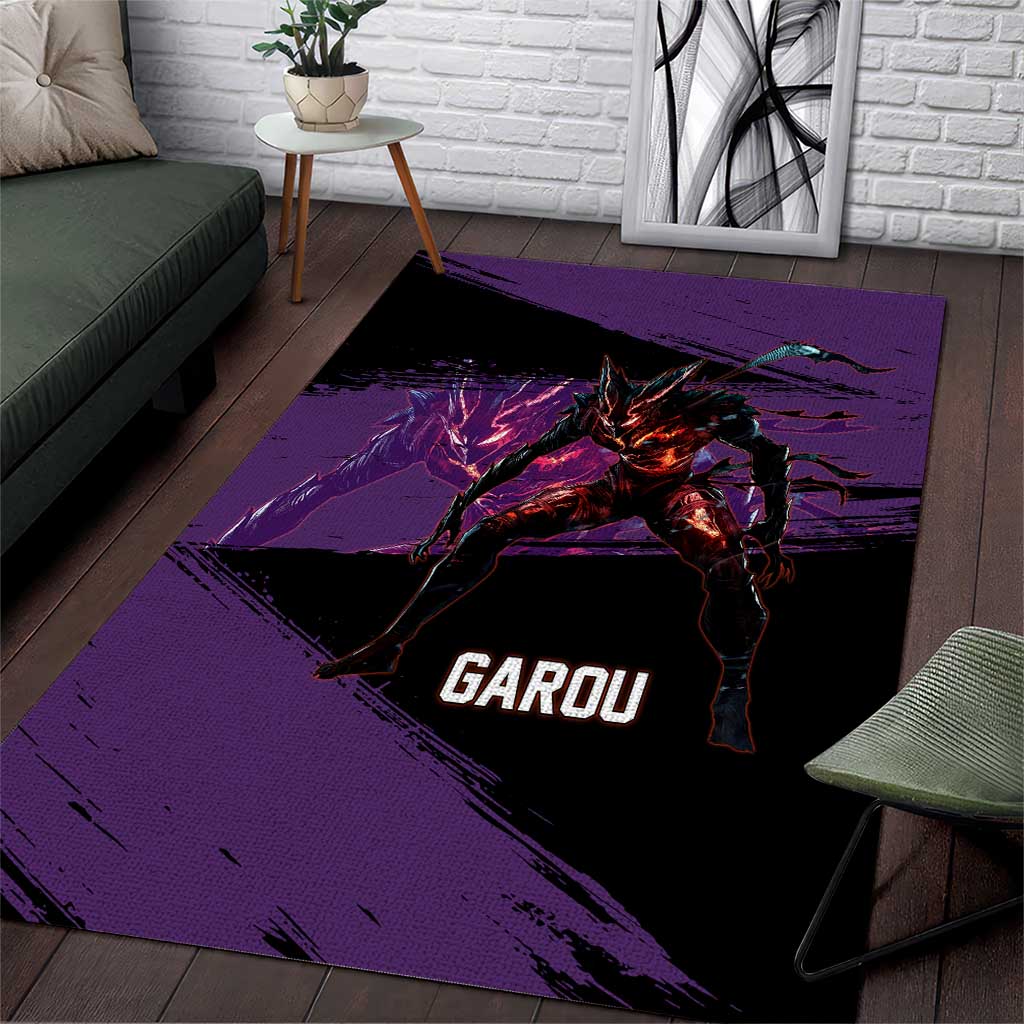 Garou One Punch Man Anime Purple and Black Theme Area Rug with Hero and Monster Forms in Dynamic Battle Pose - The Mazicc