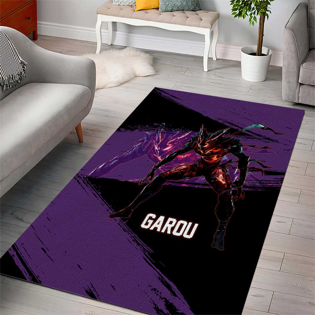 Garou One Punch Man Anime Purple and Black Theme Area Rug with Hero and Monster Forms in Dynamic Battle Pose - The Mazicc
