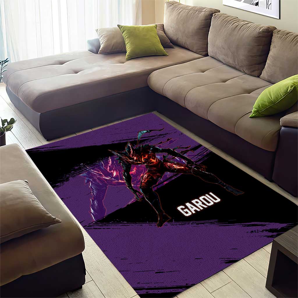 Garou One Punch Man Anime Purple and Black Theme Area Rug with Hero and Monster Forms in Dynamic Battle Pose - The Mazicc