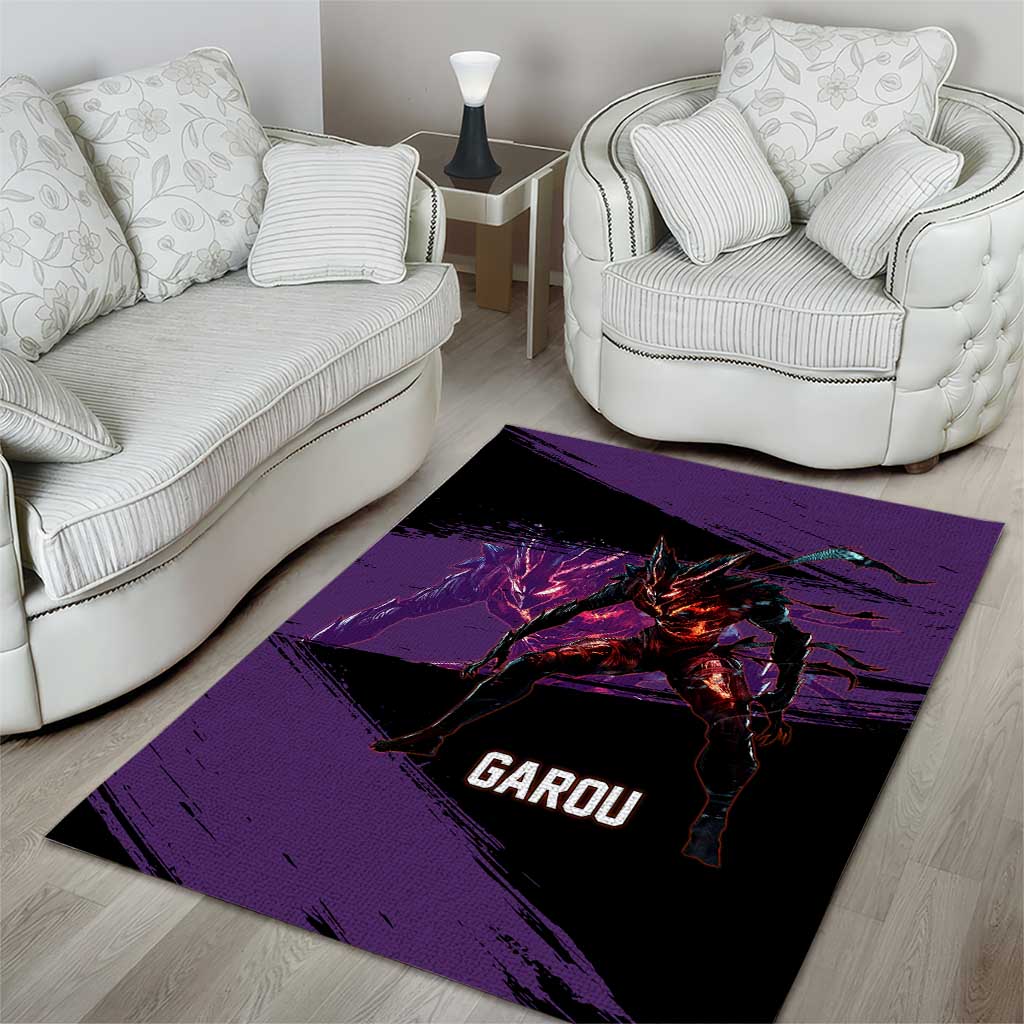 Garou One Punch Man Anime Purple and Black Theme Area Rug with Hero and Monster Forms in Dynamic Battle Pose - The Mazicc