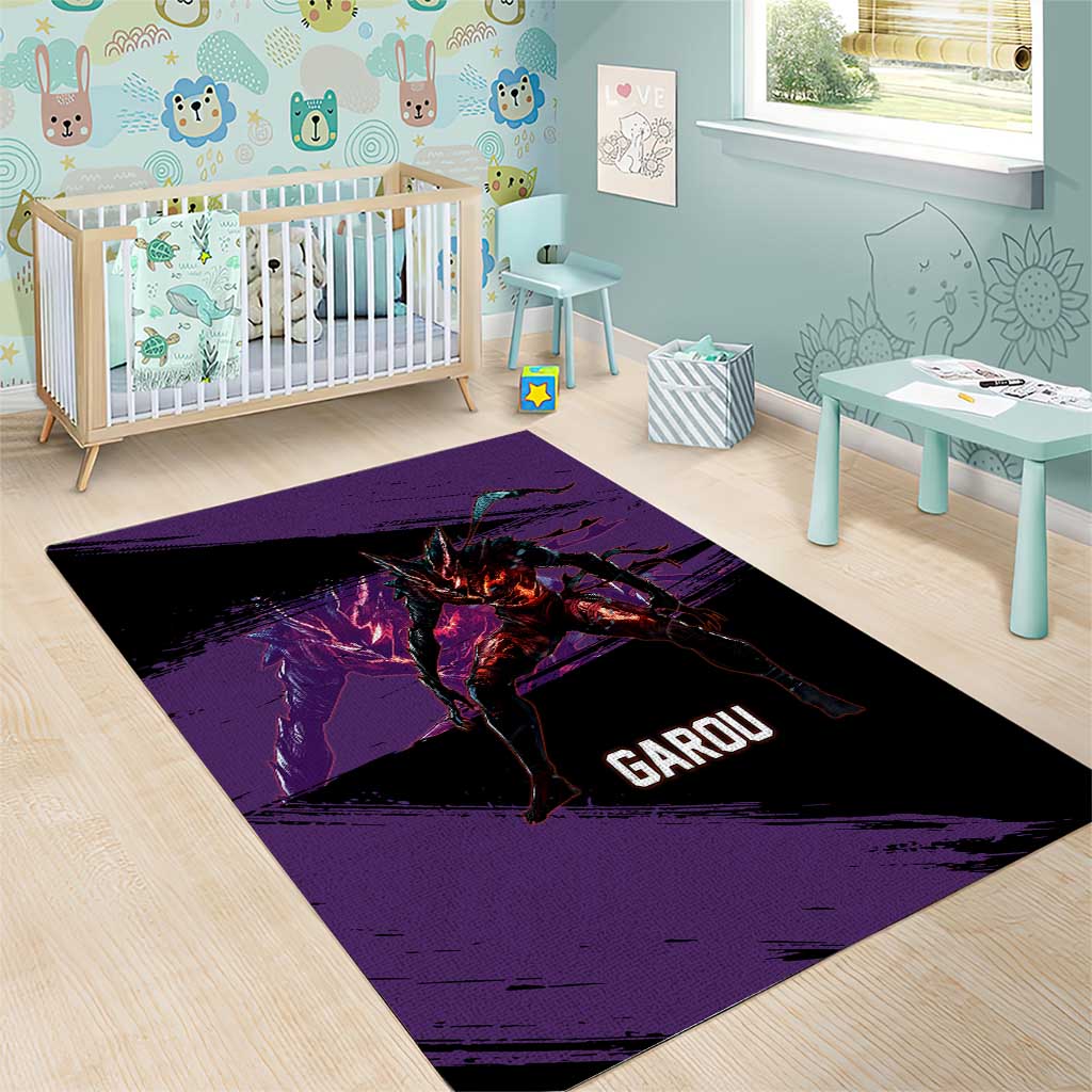 Garou One Punch Man Anime Purple and Black Theme Area Rug with Hero and Monster Forms in Dynamic Battle Pose - The Mazicc