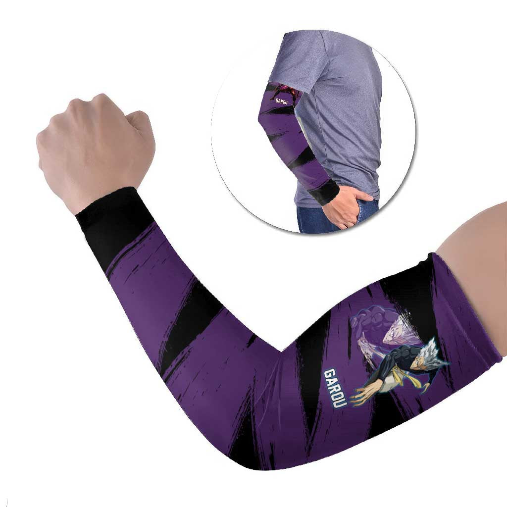 Garou One Punch Man Anime Purple and Black Theme Arm Sleeves with Hero and Monster Forms in Dynamic Battle Pose - The Mazicc