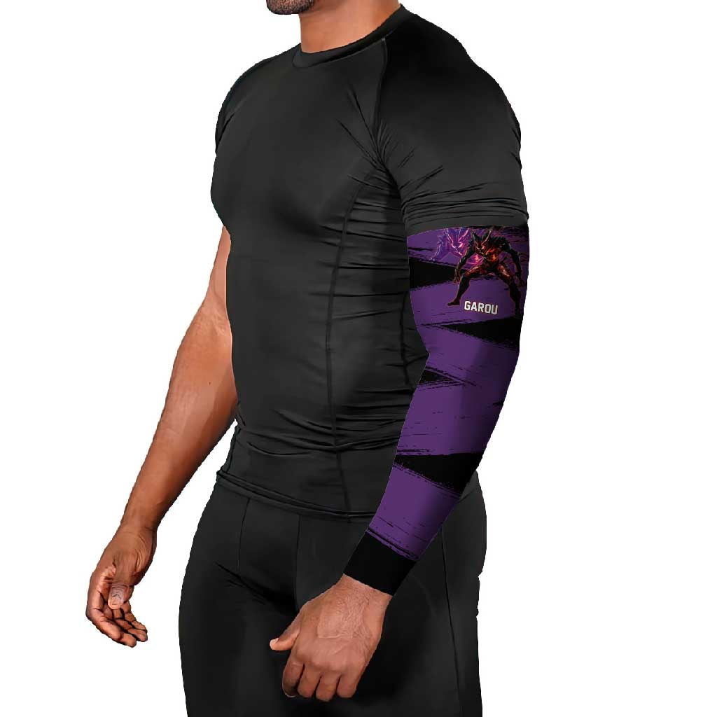 Garou One Punch Man Anime Purple and Black Theme Arm Sleeves with Hero and Monster Forms in Dynamic Battle Pose - The Mazicc