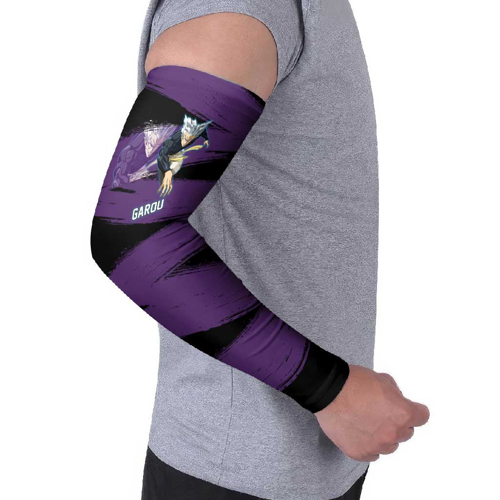 Garou One Punch Man Anime Purple and Black Theme Arm Sleeves with Hero and Monster Forms in Dynamic Battle Pose - The Mazicc