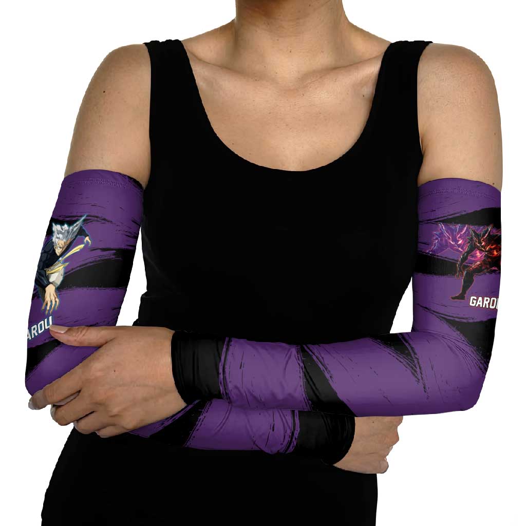 Garou One Punch Man Anime Purple and Black Theme Arm Sleeves with Hero and Monster Forms in Dynamic Battle Pose - The Mazicc